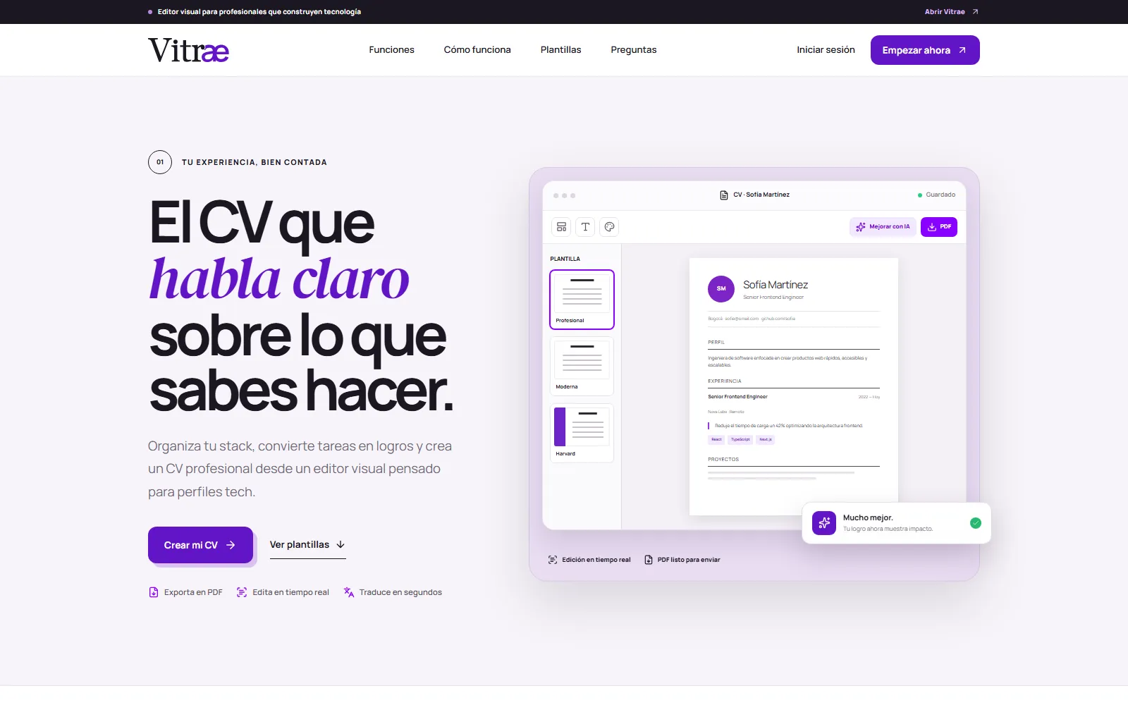 Interfaz principal de Vitrae para crear y adaptar currículums profesionales